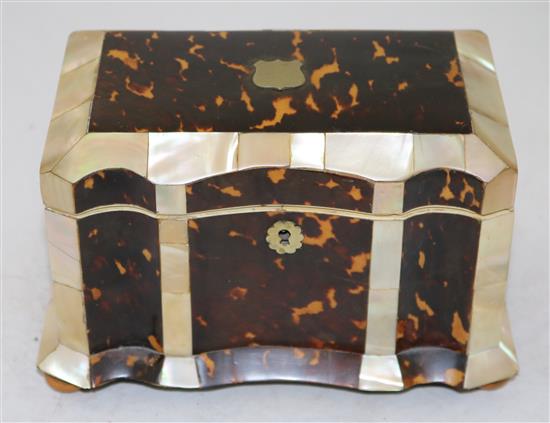 An early Victorian mother of pearl and tortoiseshell tea caddy, 8in.